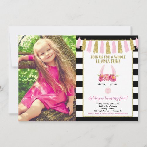 Pink gold glitter black Llama birthday party photo Invitation