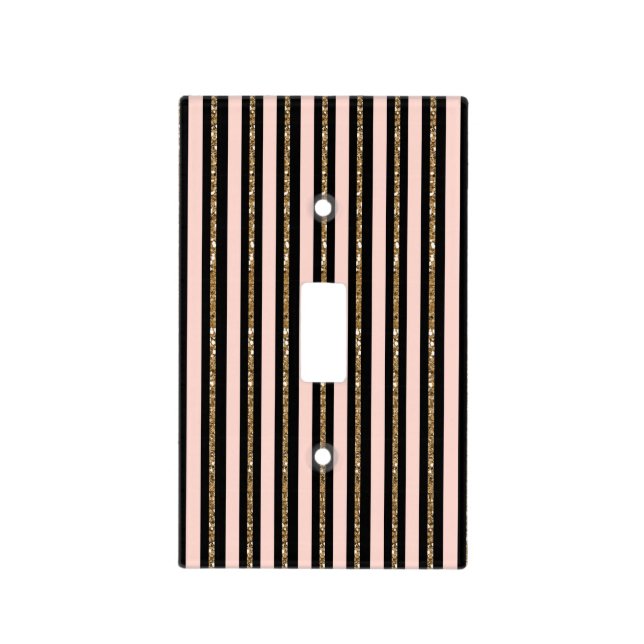 Pink Gold Glitter & Black Stripes Birthday Party Light Switch Cover (Front)