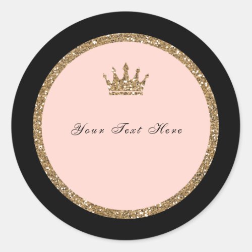 Pink Gold Glitter  Black Sweet 16 Princess Crown Classic Round Sticker