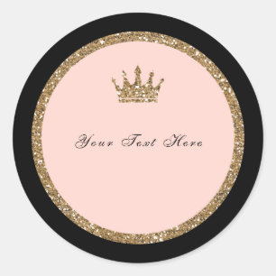 Pink Gold Glitter & Black Sweet 16 Princess Crown Classic Round Sticker