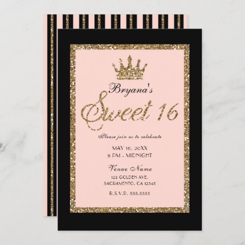 Pink Gold Glitter  Black Sweet 16 Princess Crown Invitation