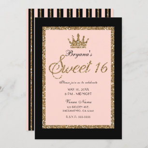 Pink Gold Glitter & Black Sweet 16 Princess Crown Invitation