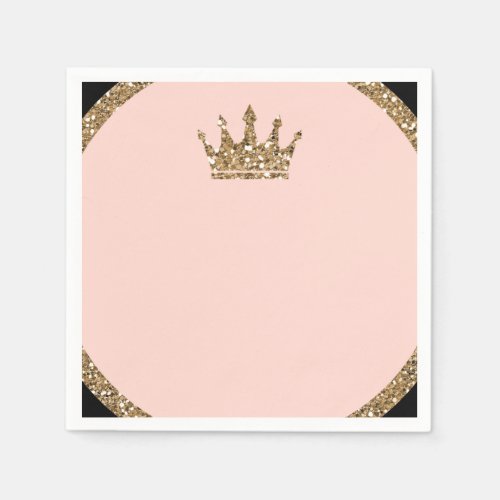 Pink Gold Glitter  Black Sweet 16 Princess Crown Napkins