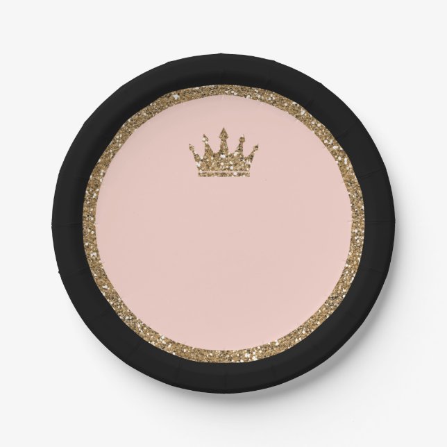Pink Gold Glitter & Black Sweet 16 Princess Crown Paper Plates (Front)