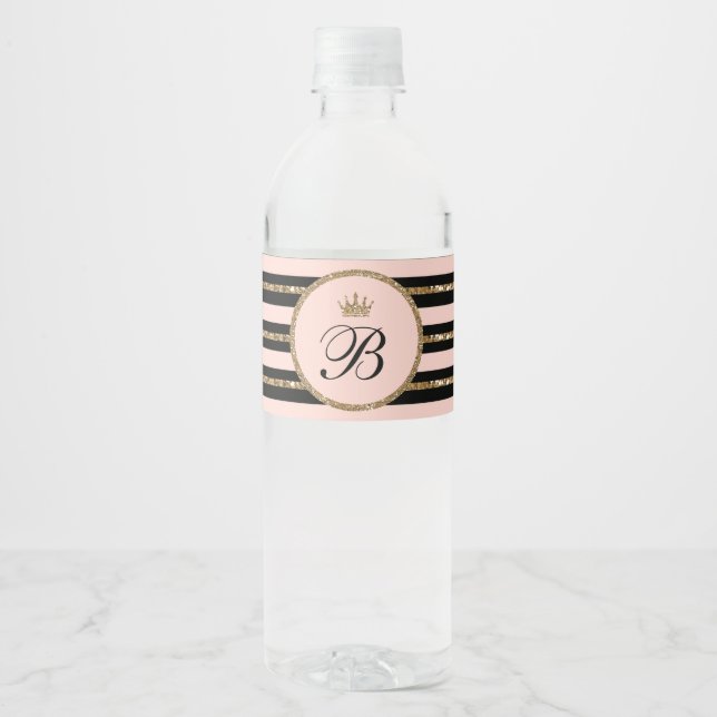 Pink Gold Glitter & Black Sweet 16 Princess Crown Water Bottle Label (Front)