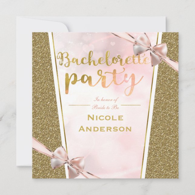Pink Gold Glitter Bow Sparkle Bachelorette Party Invitation (Front)