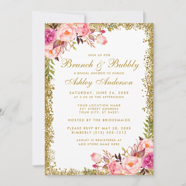 Pink Gold Glitter Bridal Shower Brunch Invite Zazzle