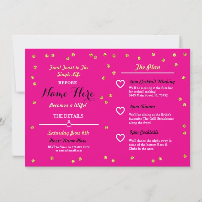 Pink Gold Glitter Bridal Shower Itinerary Invite (Front)