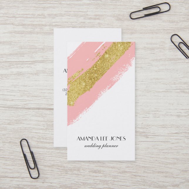 Pink & Gold Glitter Brush Strokes Business Card (Front/Back In Situ)