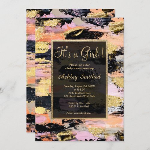 Pink gold glitter brushstrokes girl baby shower invitation