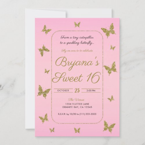 Pink &amp; Gold Glitter Butterfly Sweet 16 Party Invitation