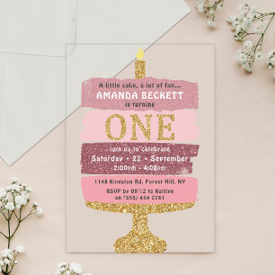 Pink & Gold Glitter Cake 1st Birthday Acrylic Invitations