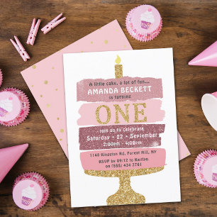Pink & Gold Glitter Cake 1st Birthday Invitations