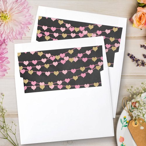 Pink  Gold Glitter Chalkboard Hanging Love Hearts Envelope Liner