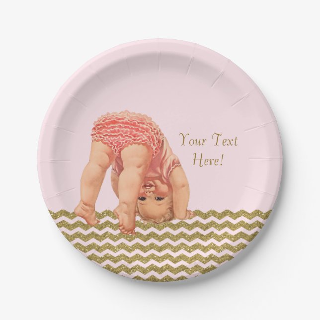 Pink Gold Glitter Chevron Baby Shower Paper Plates (Front)