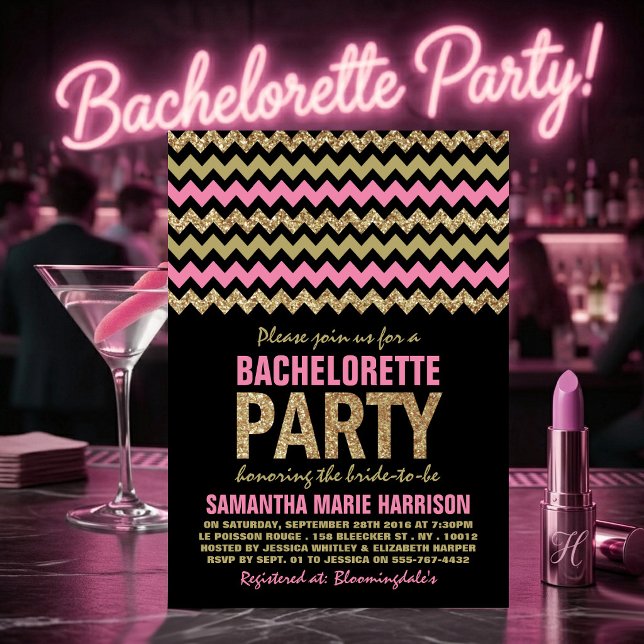 Pink & Gold Glitter Chevron Bachelorette Party Invitation (Creator Uploaded)