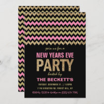 Pink & Gold Glitter Chevron New Years Party Invitation
