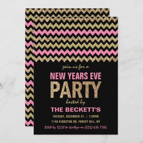 Pink  Gold Glitter Chevron New Years Party Invitation