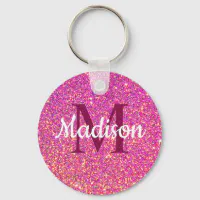 Shiny Rose Gold Pink Glitter Custom Name Monogram Keychain, Zazzle