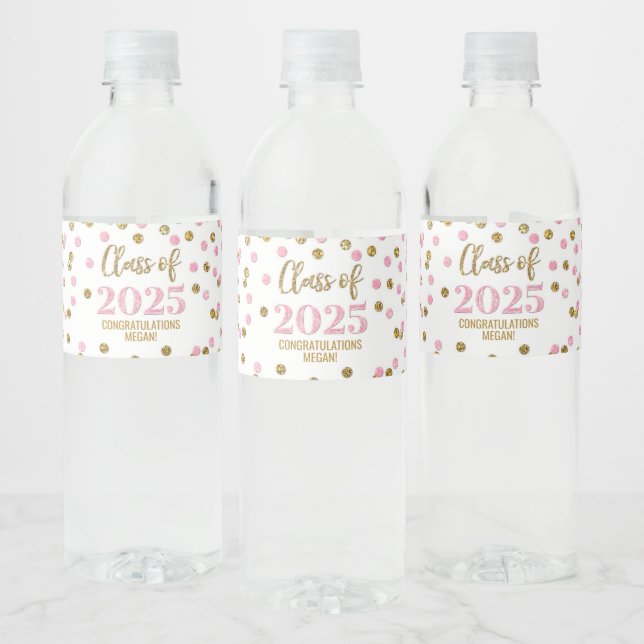 Pink Gold Glitter Class of 2025 Graduation Water Bottle Label (Bottles)