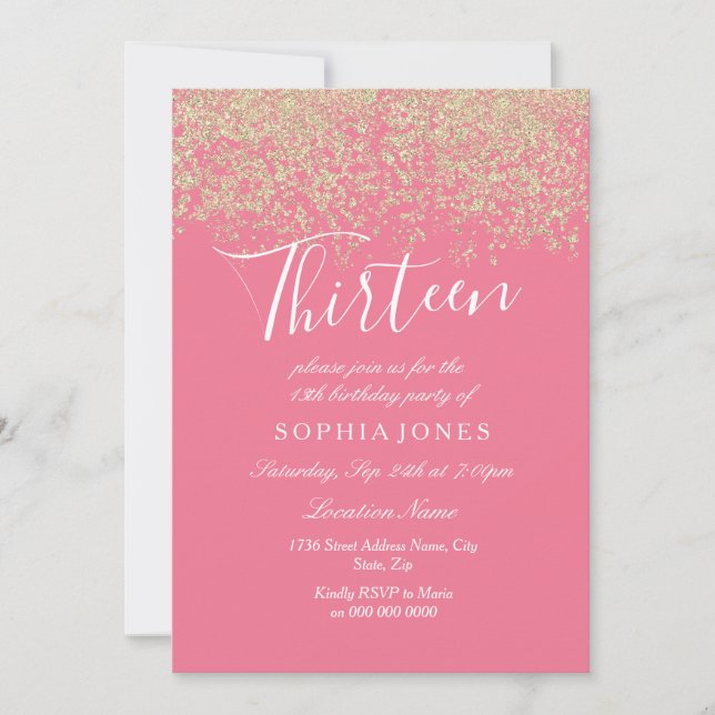 Pink Gold Glitter Confetti 13th birthday party Invitation (Front)