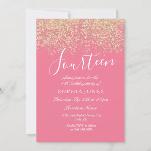 Pink Gold Glitter Confetti 14th birthday party Invitation