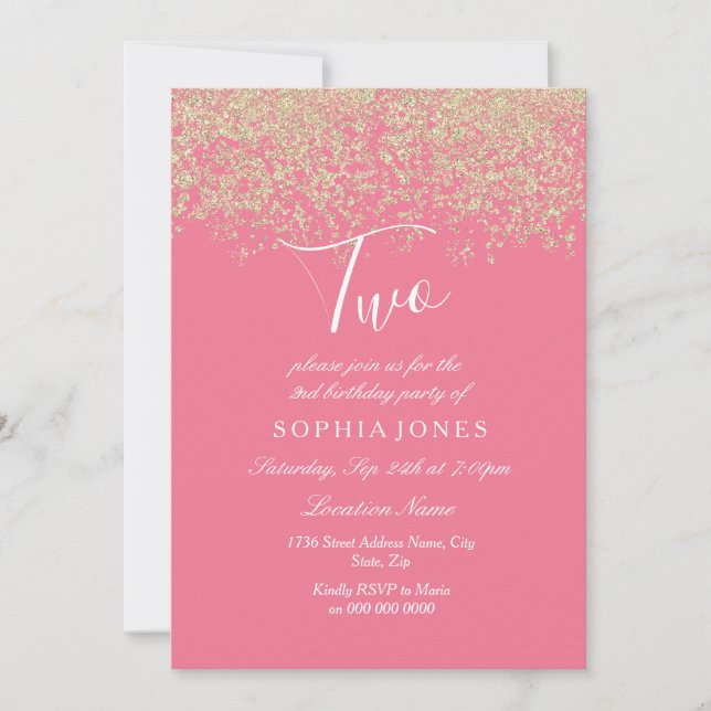 Pink Gold Glitter Confetti 2nd birthday party Invitation (Front)