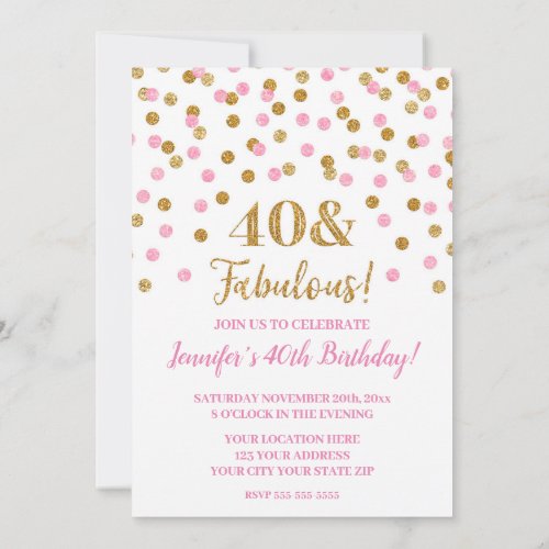 Pink Gold Glitter Confetti 40 and Fabulous Invitation