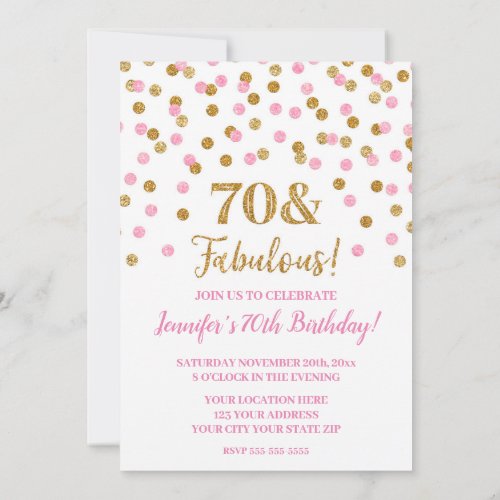 Pink Gold Glitter Confetti 70 and Fabulous Invitation