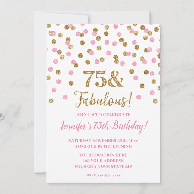Pink Gold Glitter Confetti 75 and Fabulous Invitation (Back)