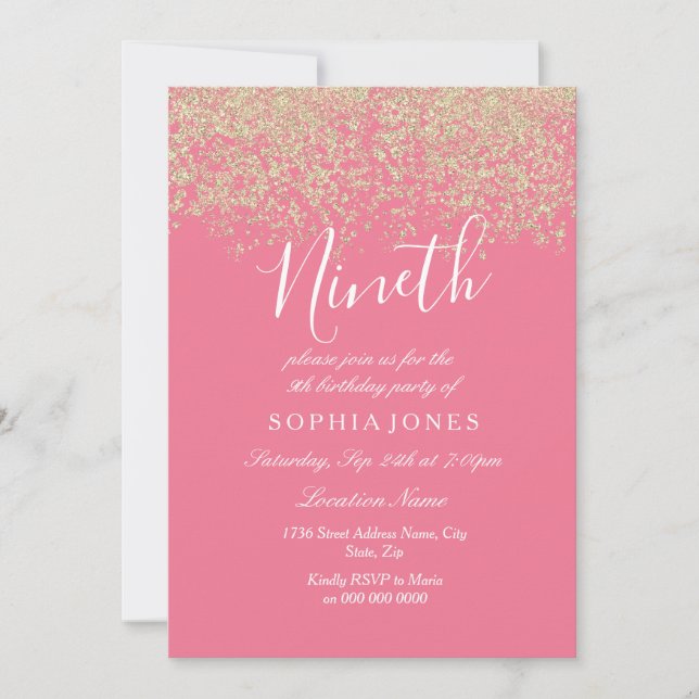 Pink Gold Glitter Confetti 9th birthday party Invitation (Front)