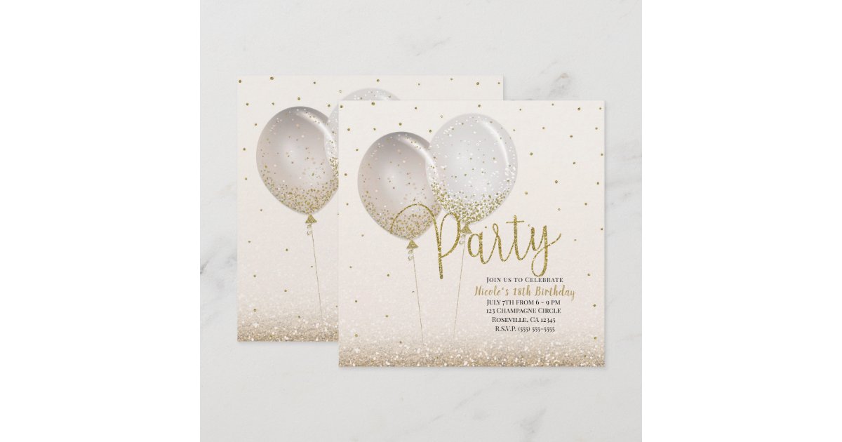 Pink Gold Glitter Confetti Balloons Birthday Party Invitation | Zazzle