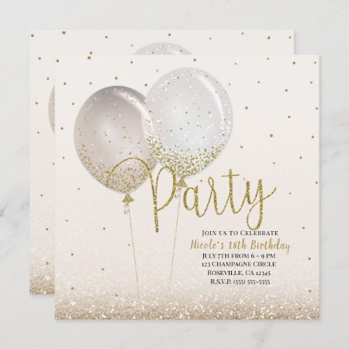 Pink Gold Glitter Confetti Balloons Birthday Party Invitation