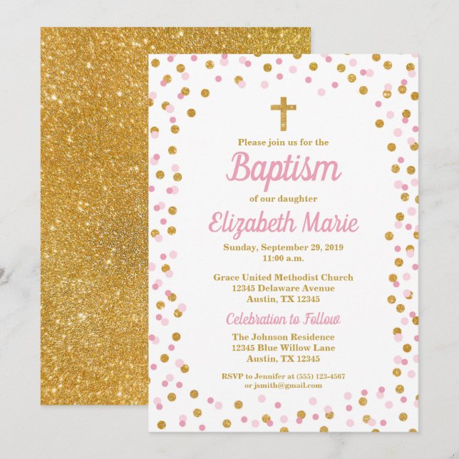 Pink & Gold Glitter Confetti Baptism Invitation (Front/Back)