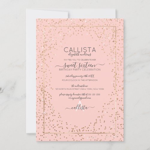 Pink Gold Glitter Confetti Border Sweet 16 Invitation