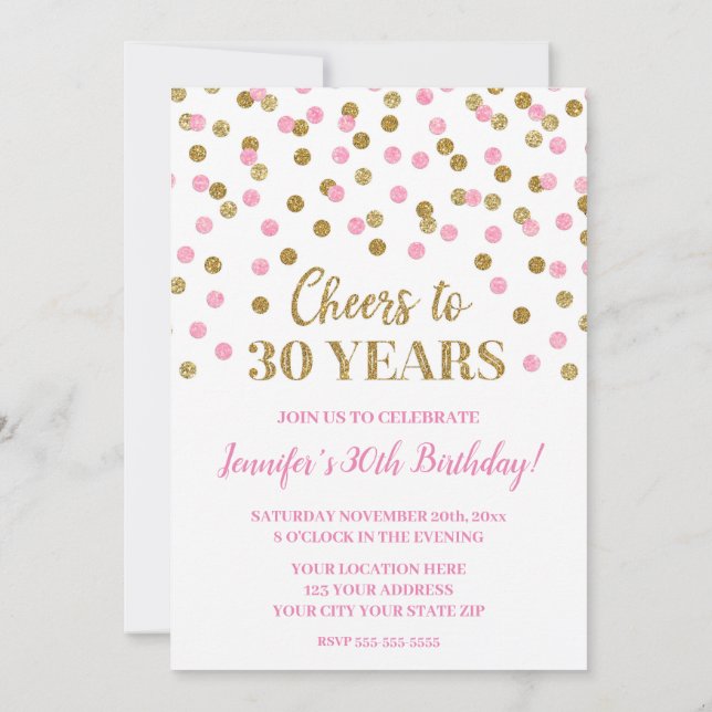 Pink Gold Glitter Confetti Cheers to 30 Years Invitation (Back)