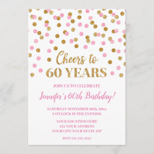 Pink Gold Glitter Confetti Cheers to 60 Years Invitation