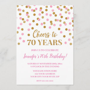 Pink Gold Glitter Confetti Cheers to 70 Years Invitation