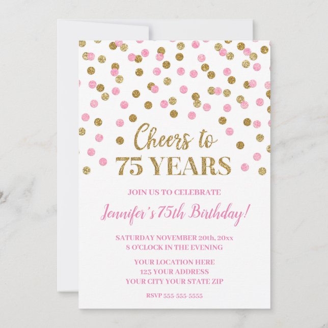 Pink Gold Glitter Confetti Cheers to 75 Years Invitation (Back)