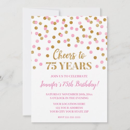 Pink Gold Glitter Confetti Cheers to 75 Years Invitation