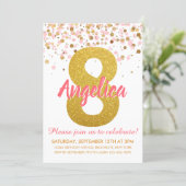 Pink Gold Glitter Confetti Girl Eighth Birthday Invitation (Standing Front)