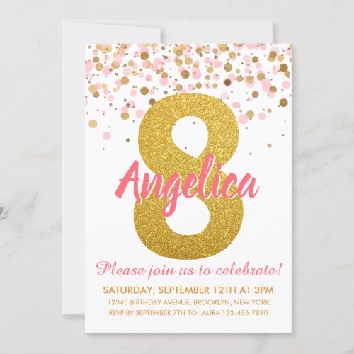 Pink Gold Glitter Confetti Girl Eighth Birthday Invitation