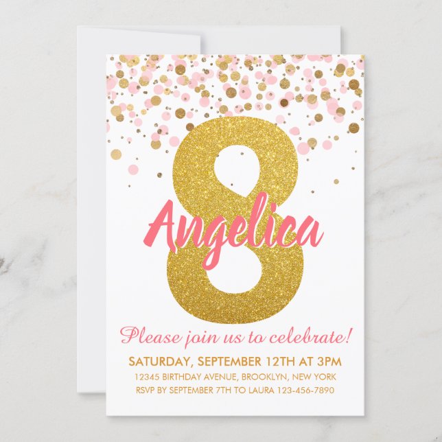 Pink Gold Glitter Confetti Girl Eighth Birthday Invitation (Front)