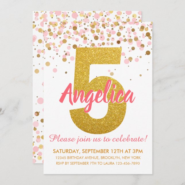 Pink Gold Glitter Confetti Girl Fifth Birthday Invitation (Front/Back)