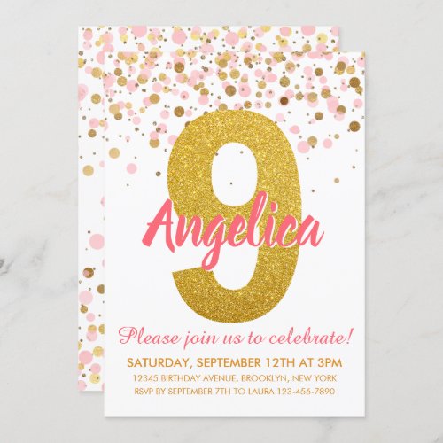 Pink Gold Glitter Confetti Girl Ninth Birthday Invitation