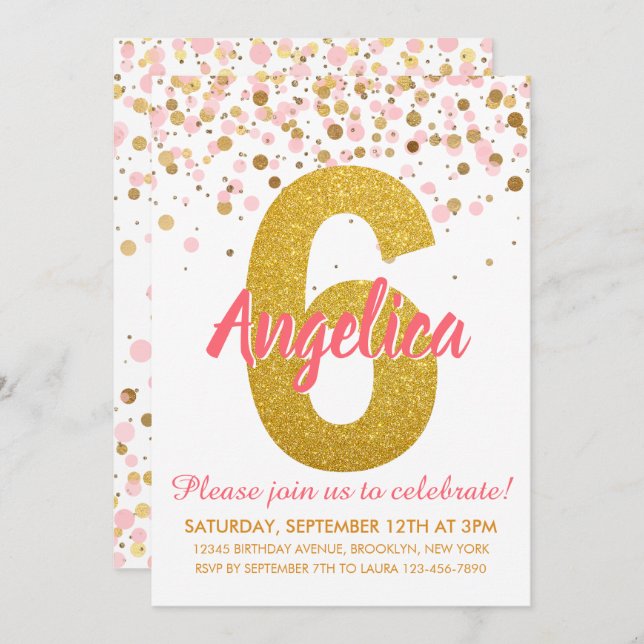 Pink Gold Glitter Confetti Girl Sixth Birthday Invitation (Front/Back)