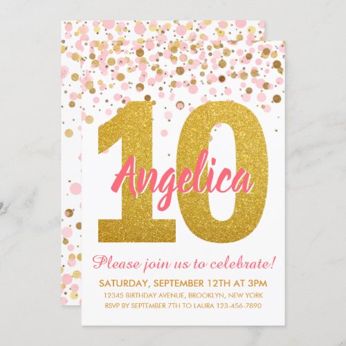 Pink Gold Glitter Confetti Girl Tenth Birthday Invitation