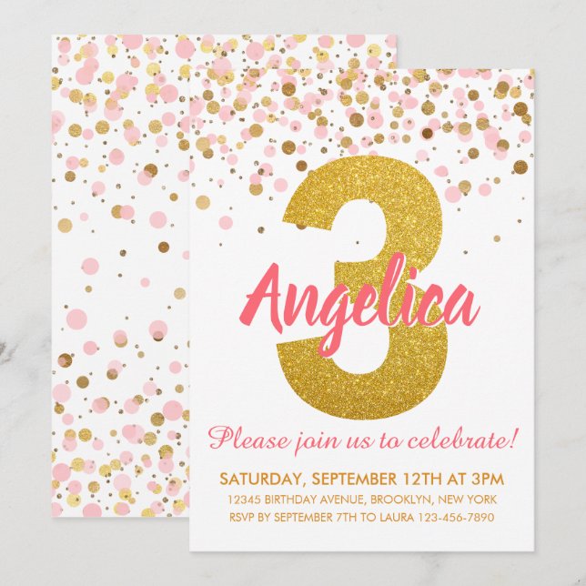 Pink Gold Glitter Confetti Girl Third Birthday Invitation (Front/Back)