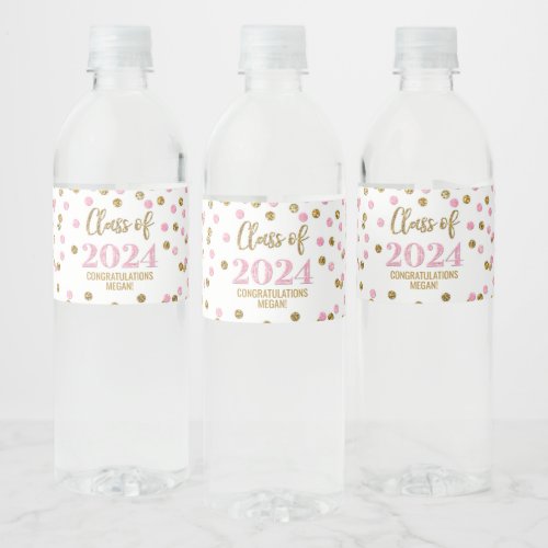Pink Gold Glitter Confetti Graduation Water Bottle Label