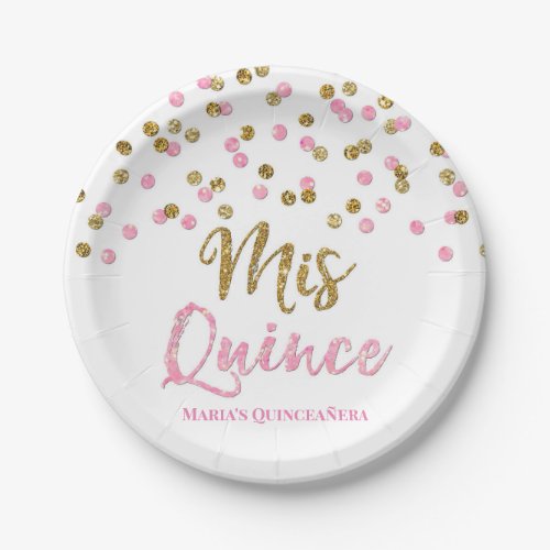 Pink Gold Glitter Confetti Mis 15 Quinceanera Paper Plates